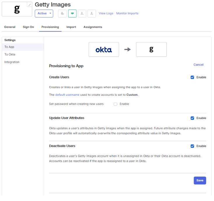 Okta Provisioning Configuration - Select Provisioning